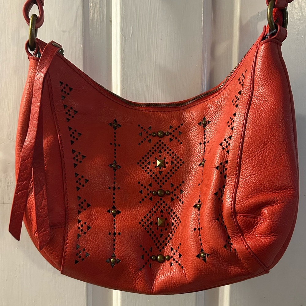 Red Leather Shoulder Bag with Stud & Cutout Detail